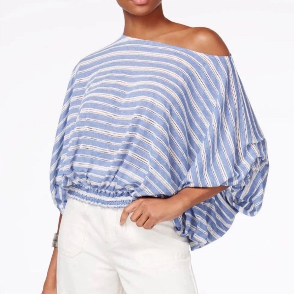 Free People Azelea Top Blue & White Stripes L Coastal Beachy Oversized Relaxed
